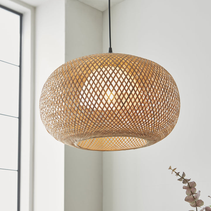 Endon 101572 Bali 1 Light Pendant Natural Bamboo, White Pc & Matt Black