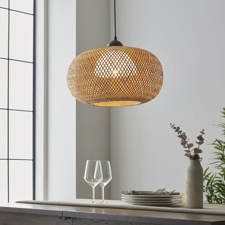 Endon 101572 Bali 1 Light Pendant Natural Bamboo, White Pc & Matt Black