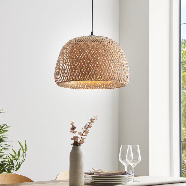 Endon 101574 Bali 1 Light Pendant Natural Bamboo, White Pc & Matt Black