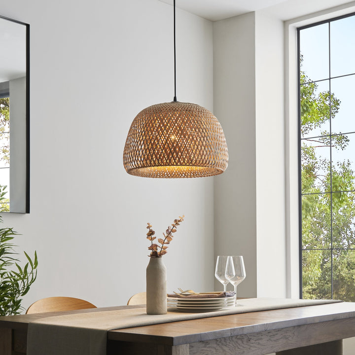 Endon 101574 Bali 1 Light Pendant Natural Bamboo, White Pc & Matt Black