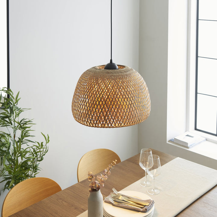 Endon 101574 Bali 1 Light Pendant Natural Bamboo, White Pc & Matt Black