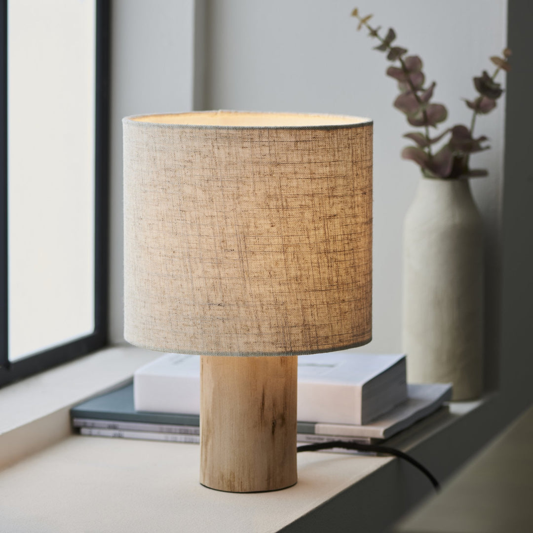 Endon 101680 | Durban 1 Light Table Lamp | Natural Eucalyptus Wood & Natural Linen