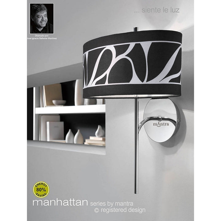 Mantra M8474/1 Manhattan Floor Lamp 3 Light Polished Chrome/Frosted Glass Black Patterned Shade