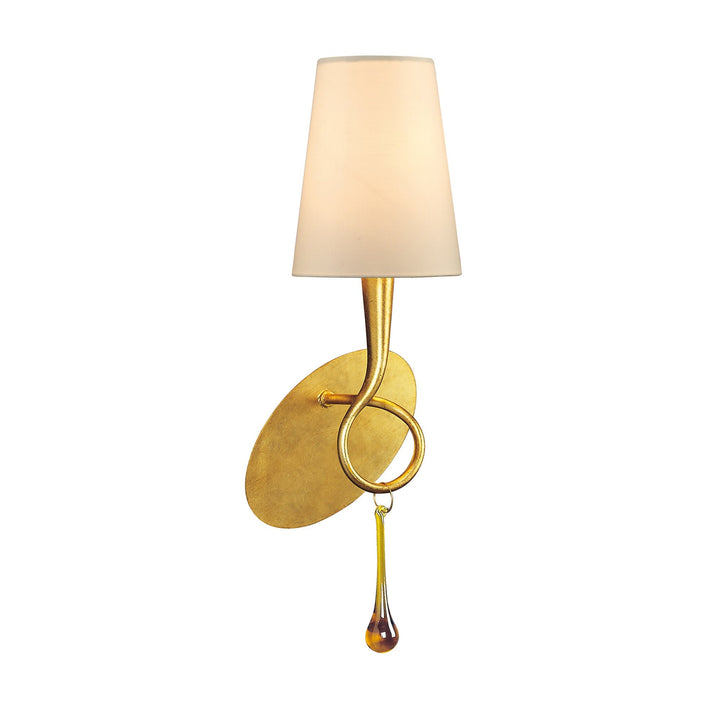 Mantra M0548 Paola Wall Lamp 1 Light E14 Gold Painted Cream Shade & Amber Glass Droplets