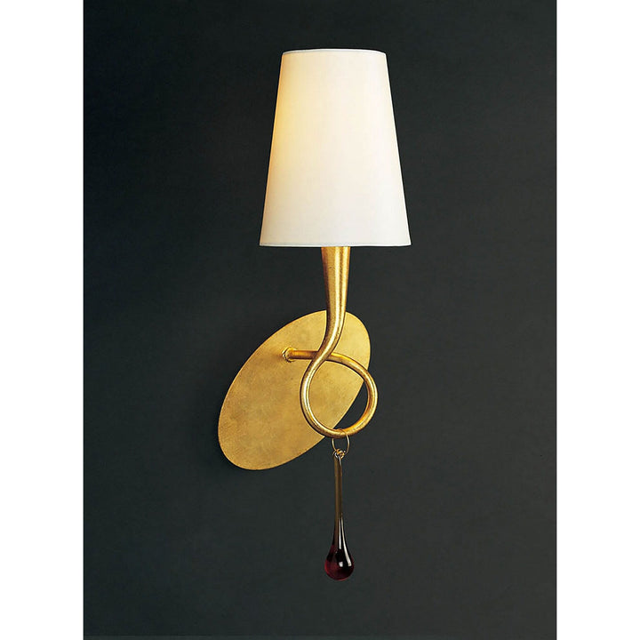 Mantra M0548 Paola Wall Lamp 1 Light E14 Gold Painted Cream Shade & Amber Glass Droplets