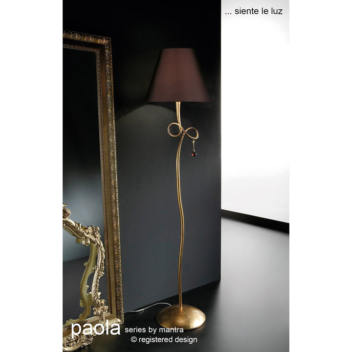 Mantra M0543/BS Paola Floor Lamp 1 Light E27 Gold Painted Black Shade & Amber Glass Droplets