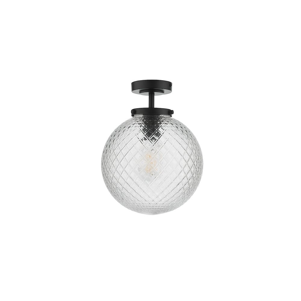 Dar WAY0122 | Wayne Bathroom Semi Flush | Matt Black & Textured Glass IP44