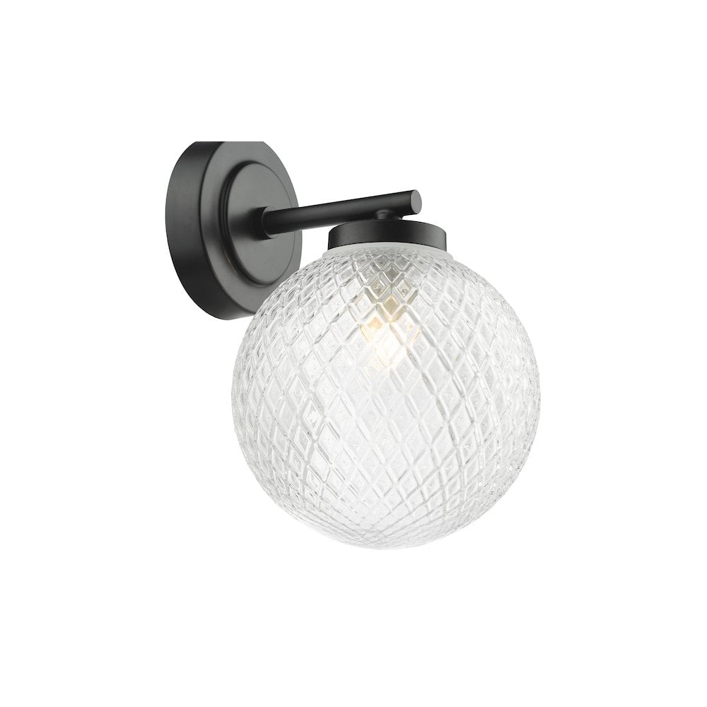 Dar WAY0722 | Wayne Bathroom Wall Light | Matt Black & Textured Glass IP44