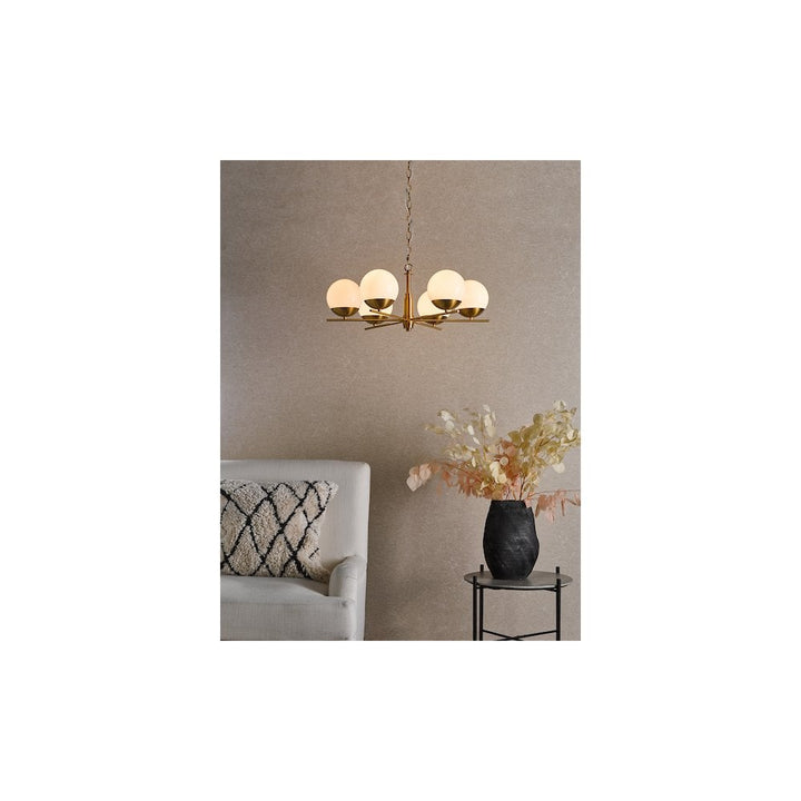 Dar BOM0635 | Bombazine 6-Light Pendant | Natural Brass & Opal Glass