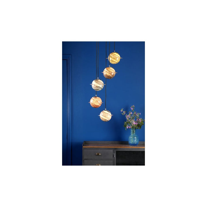 Dar CYG0555 | Cygnus 5 Light Cluster Pendant | Chrome & Planet Glass