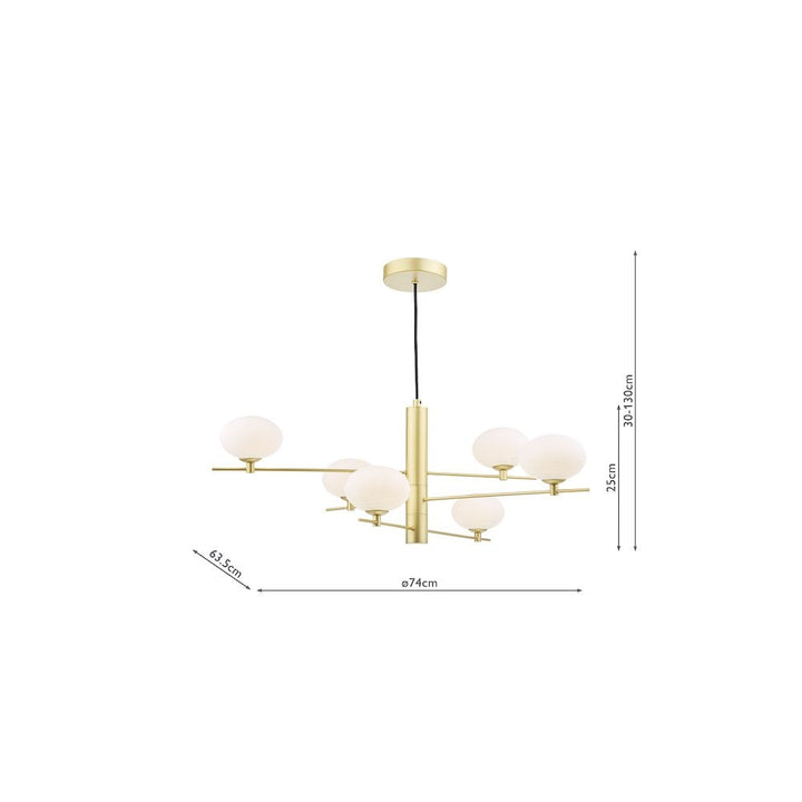 Dar JAS0635 | Jasper 6 Light Pendant | Satin Gold and Opal Glass