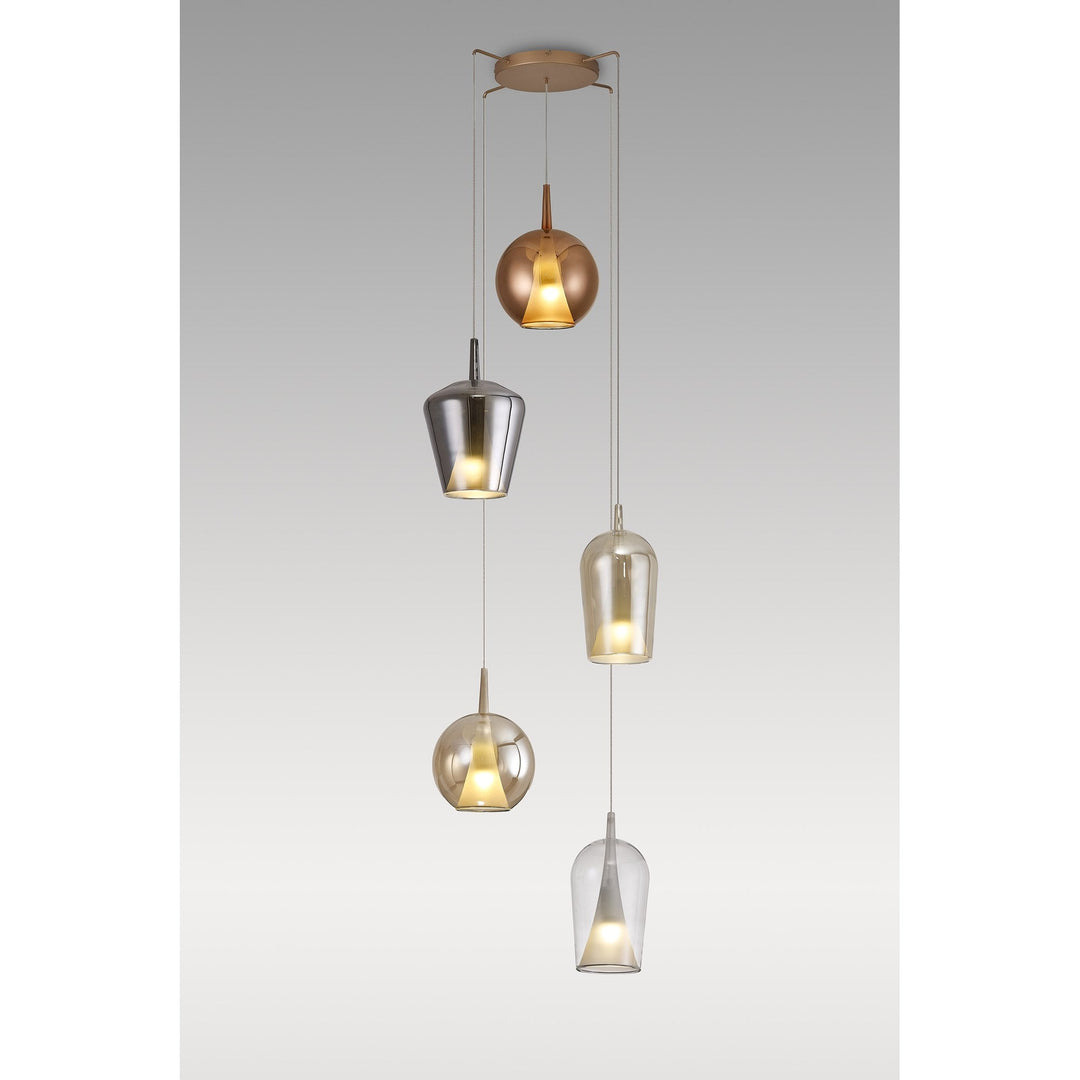 Mantra M8259 Elsa 5 Light Pendant With Mixed Shades Clear/Chrome/Bronze/Copper Glass With Frosted Inner Cone