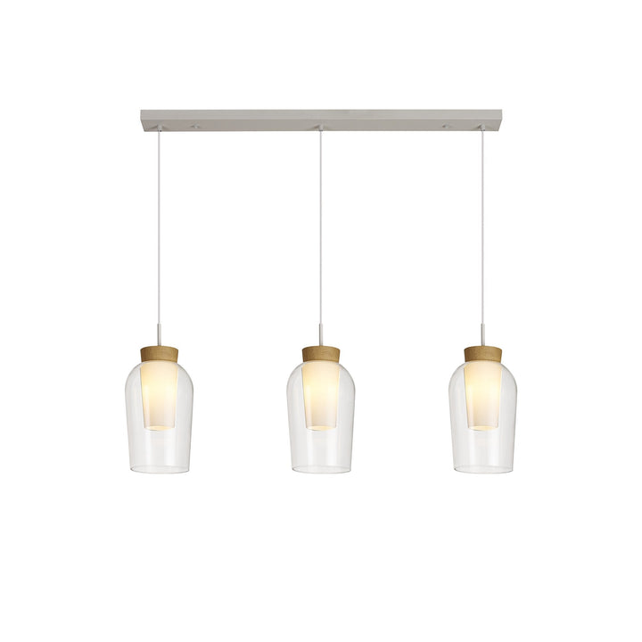 Mantra M8277 Nora 3 Light Linear Pendant White/Wood/Clear Glass With Frosted Inner