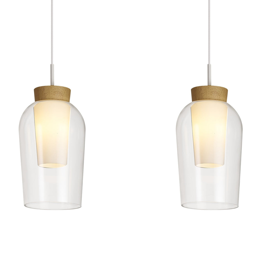 Mantra M8277 Nora 3 Light Linear Pendant White/Wood/Clear Glass With Frosted Inner