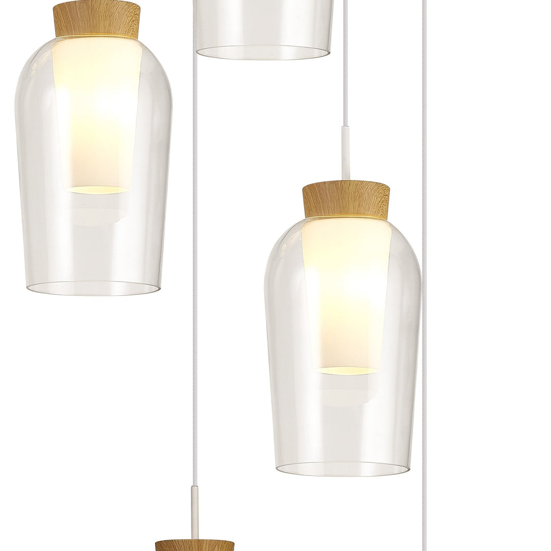 Mantra M8275 Nora 5 Light Round Pendant White/Wood/Clear Glass With Frosted Inner
