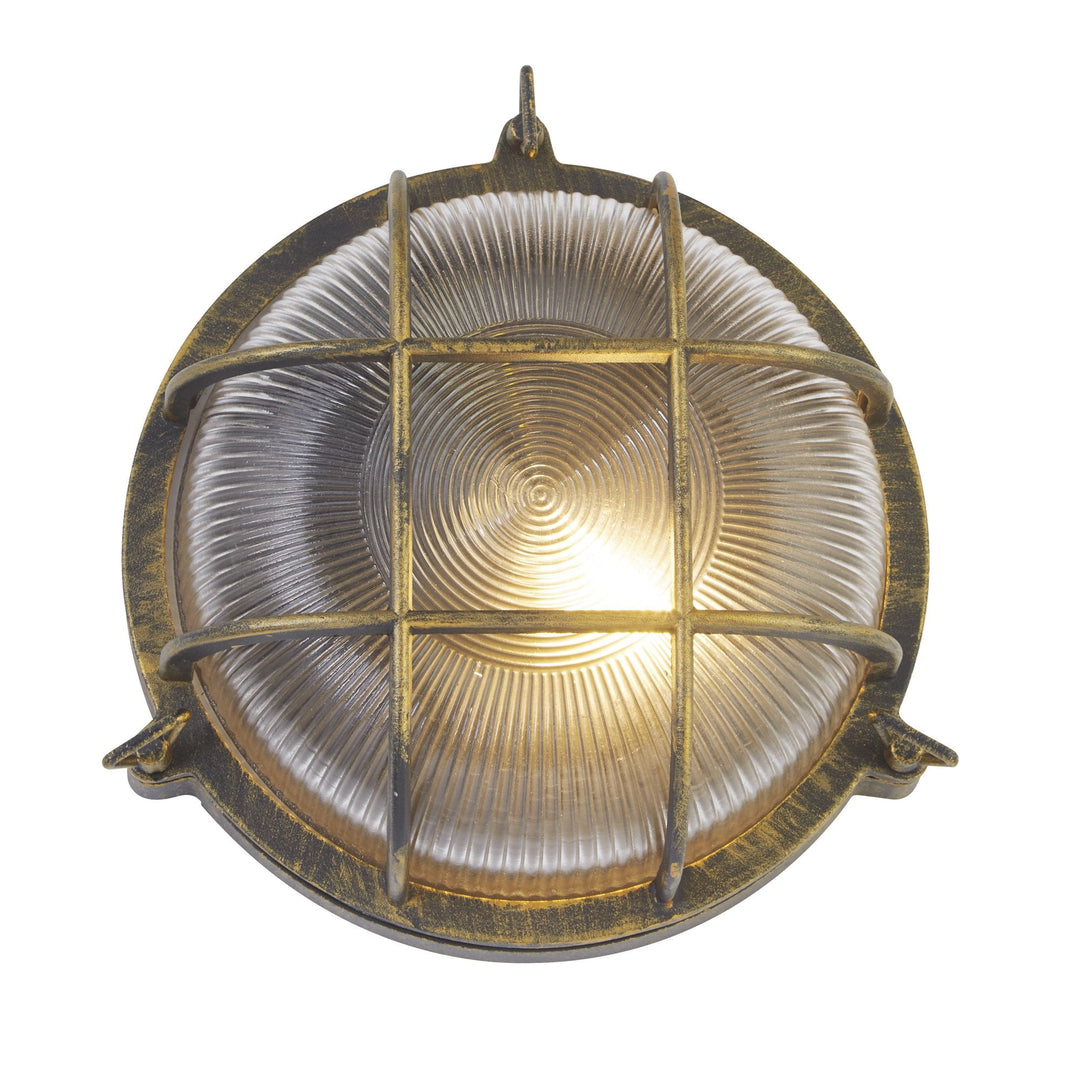 Searchlight 61401BG Bulkhead Round Outdoor Light Black Gold Metal Clear Glass