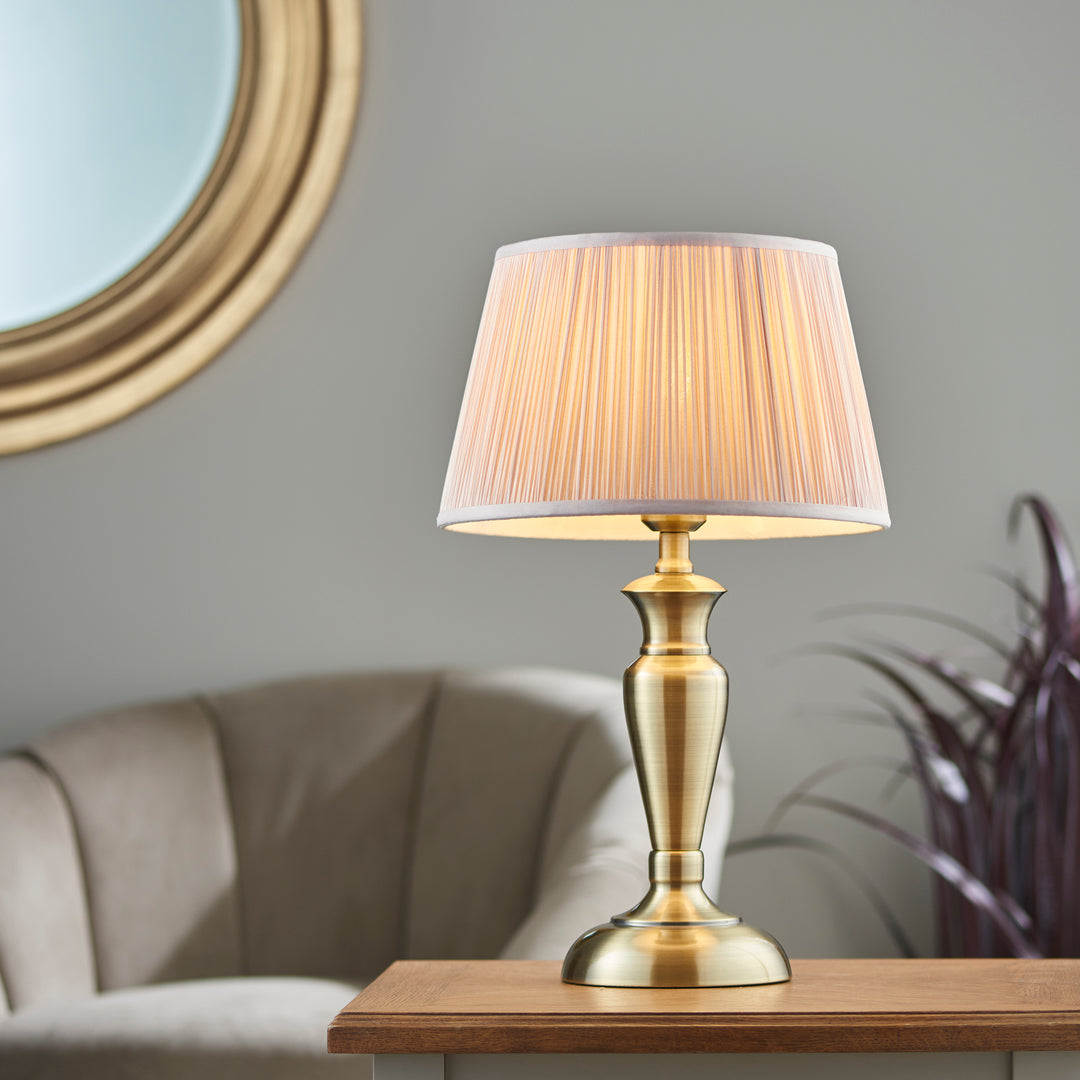 Endon 91087 Oslo And Freya 1 Light Table Lamp Antique Brass Plate And Dusky Pink Silk