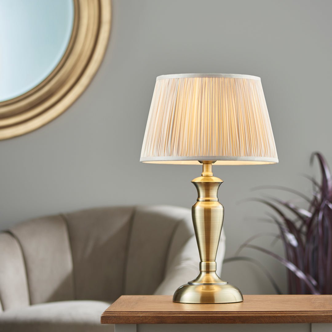 Endon 91088 Oslo And Freya 1 Light Table Lamp Antique Brass Plate And Oyster Silk