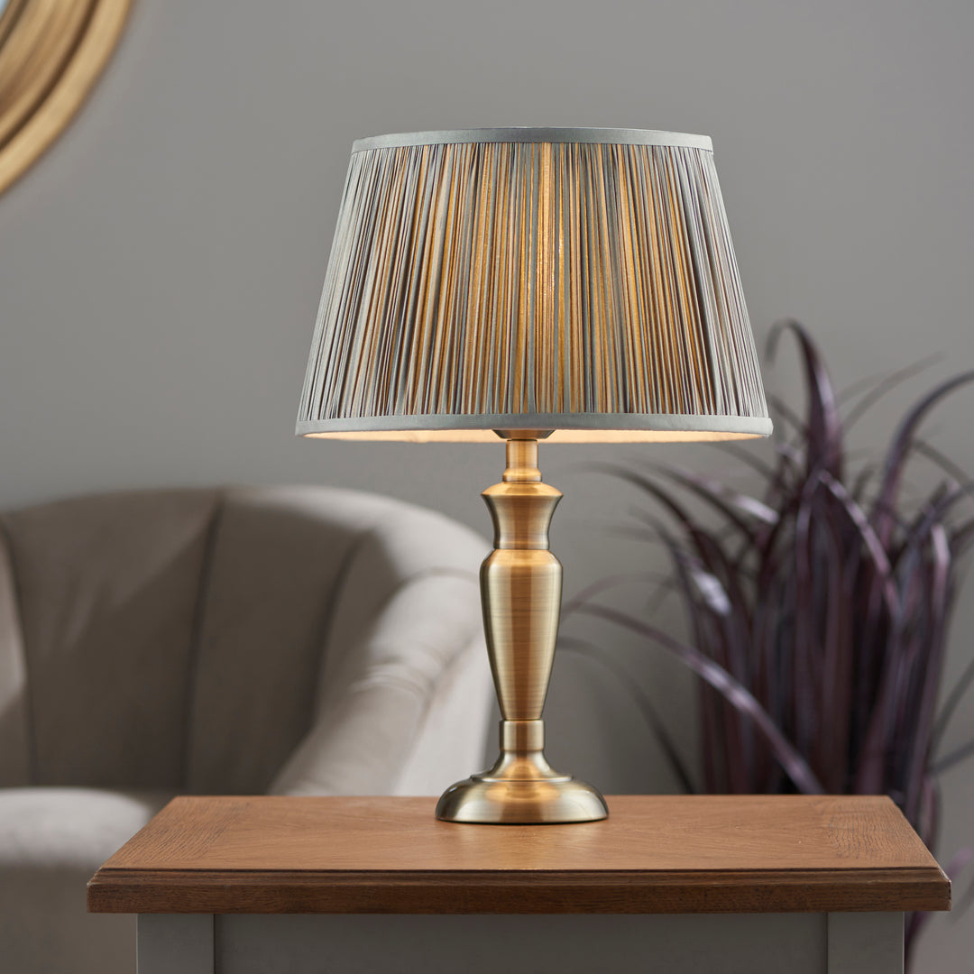 Endon 91151 Oslo And Freya 1 Light Table Lamp Antique Brass Plate And Charcoal Grey Silk