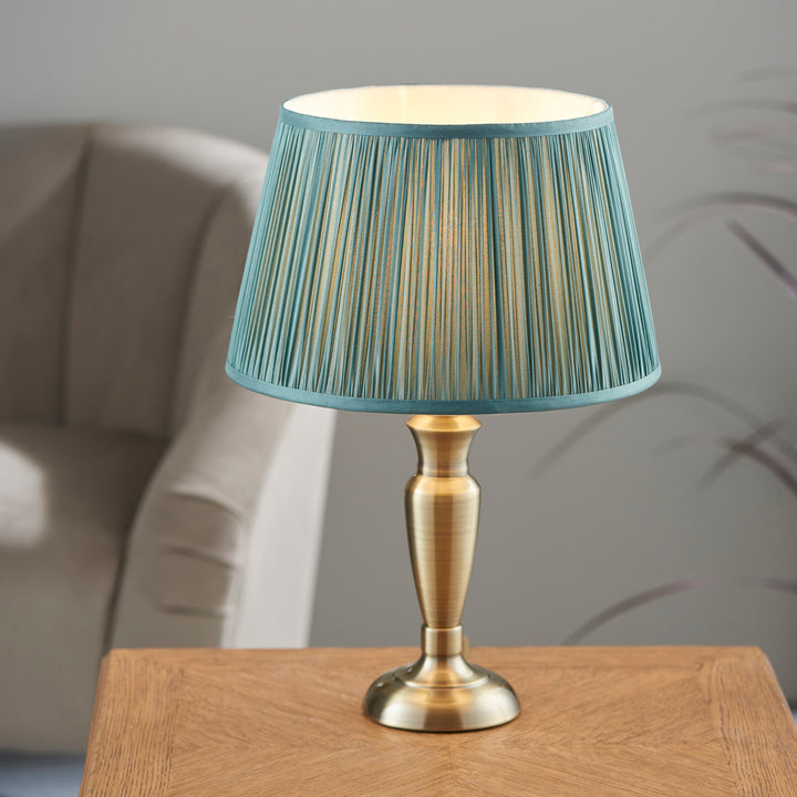 Endon 91155 Oslo And Freya 1 Light Table Lamp Antique Brass Plate And Fir Silk