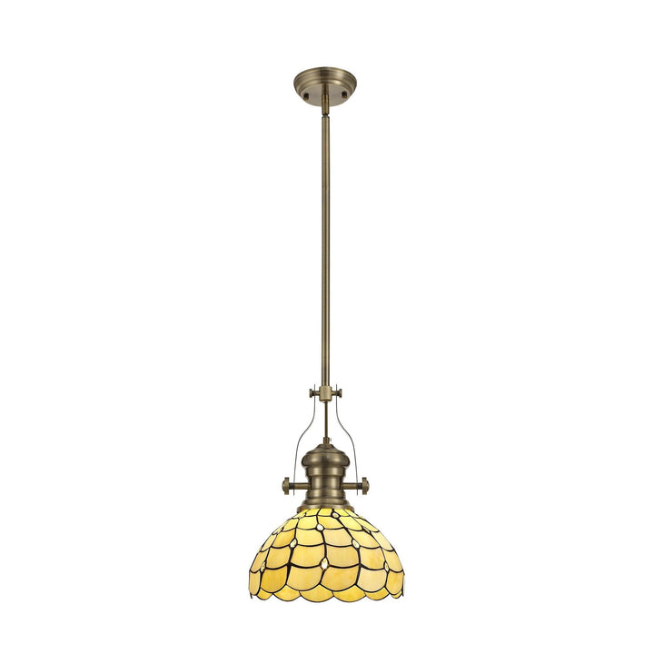 Nelson Lighting NLK04599 Louis/Chrisy 1 Light Telescopic Pendant 30cm Tiffany Shade Antique Brass/Beige