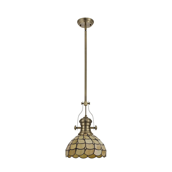 Nelson Lighting NLK04599 Louis/Chrisy 1 Light Telescopic Pendant 30cm Tiffany Shade Antique Brass/Beige