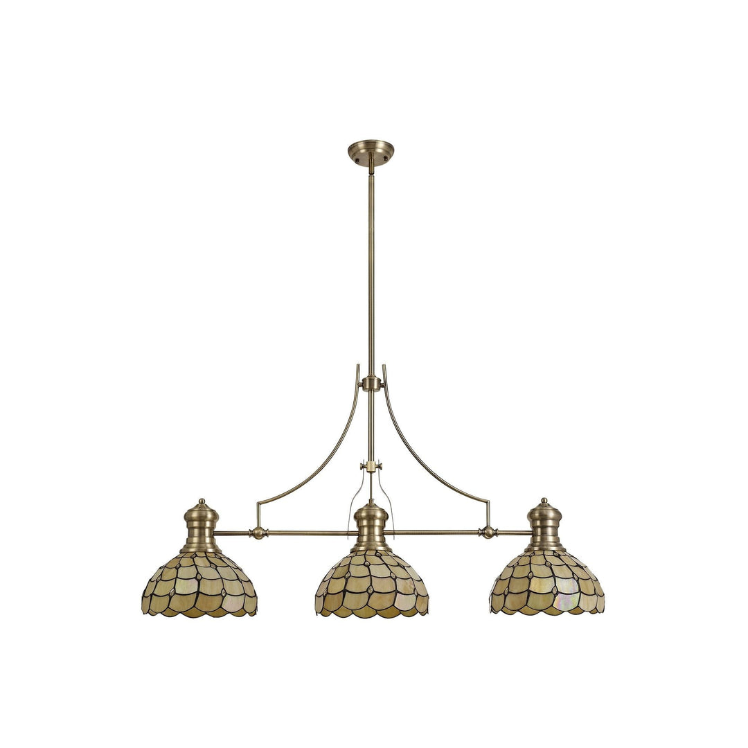 Nelson Lighting NLK04799 Louis/Chrisy 3 Light Telescopic Pendant 30cm Tiffany Shade Antique Brass/Beige