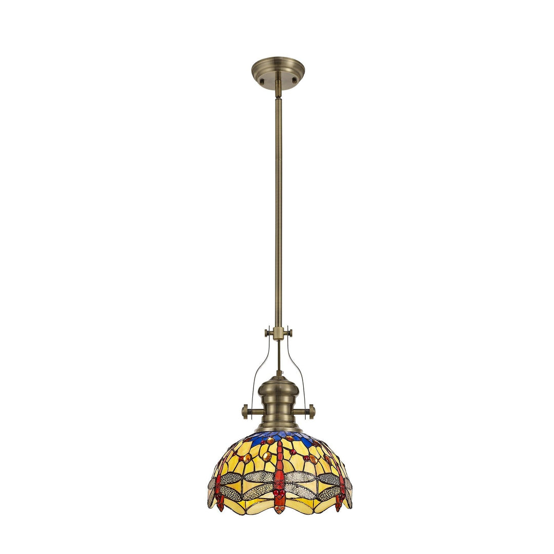 Nelson Lighting NLK04569 Louis/Heidi 1 Light Telescopic Pendant 30cm Tiffany Shade Antique Brass/Blue/Orange