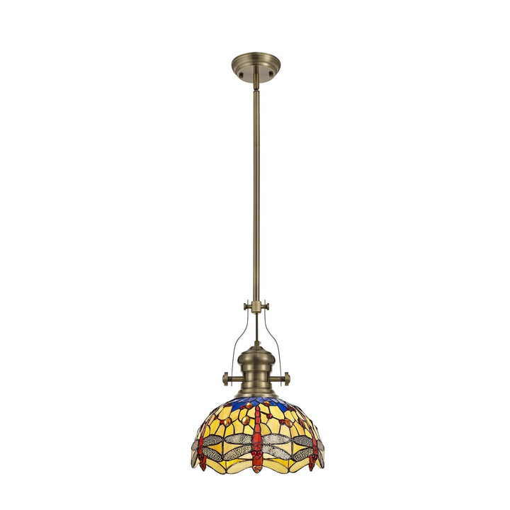 Nelson Lighting NLK04569 Louis/Heidi 1 Light Telescopic Pendant 30cm Tiffany Shade Antique Brass/Blue/Orange