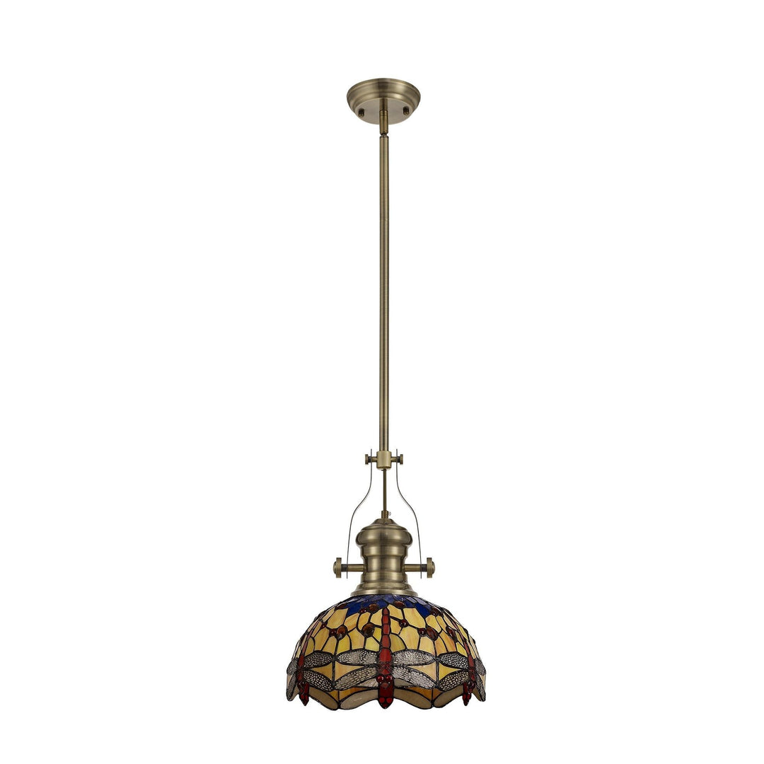Nelson Lighting NLK04569 Louis/Heidi 1 Light Telescopic Pendant 30cm Tiffany Shade Antique Brass/Blue/Orange