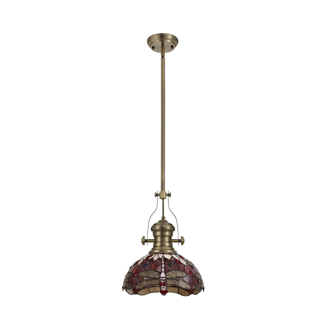 Nelson Lighting NLK04579 Louis/Heidi 1 Light Telescopic Pendant 30cm Tiffany Shade Antique Brass/Purple/Pink