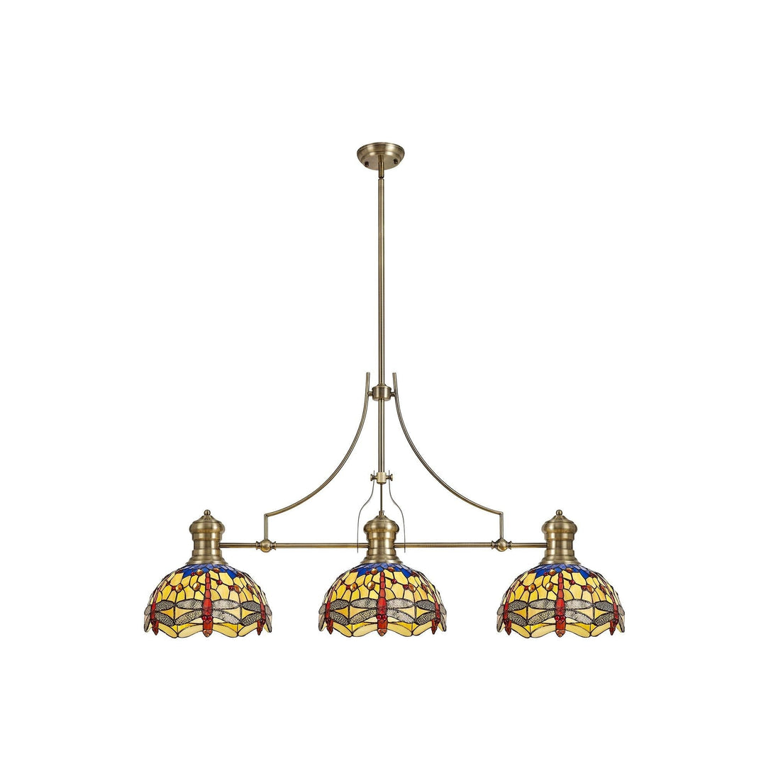 Nelson Lighting NLK04769 Louis/Heidi 3 Light Telescopic Pendant 30cm Tiffany Shade Antique Brass/Blue/Orange