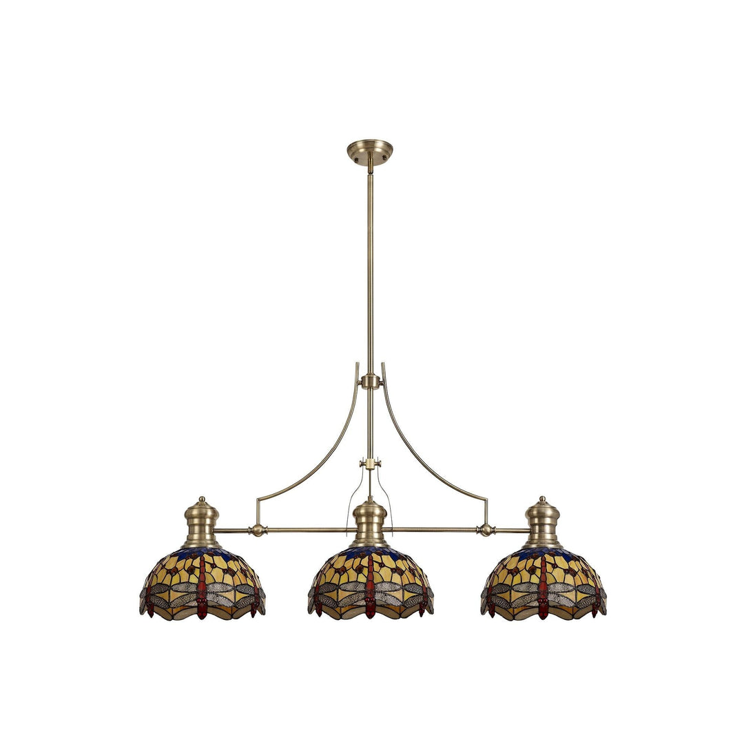 Nelson Lighting NLK04769 Louis/Heidi 3 Light Telescopic Pendant 30cm Tiffany Shade Antique Brass/Blue/Orange