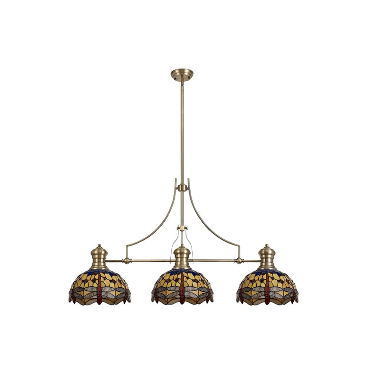 Nelson Lighting NLK04769 Louis/Heidi 3 Light Telescopic Pendant 30cm Tiffany Shade Antique Brass/Blue/Orange