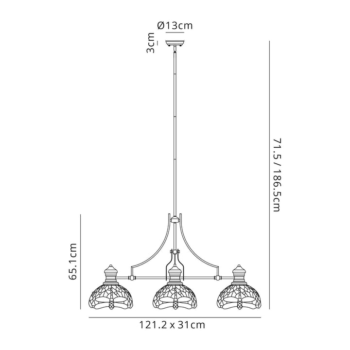 Nelson Lighting NLK04779 Louis/Heidi 3 Light Telescopic Pendant 30cm Tiffany Shade Antique Brass/Purple/Pink