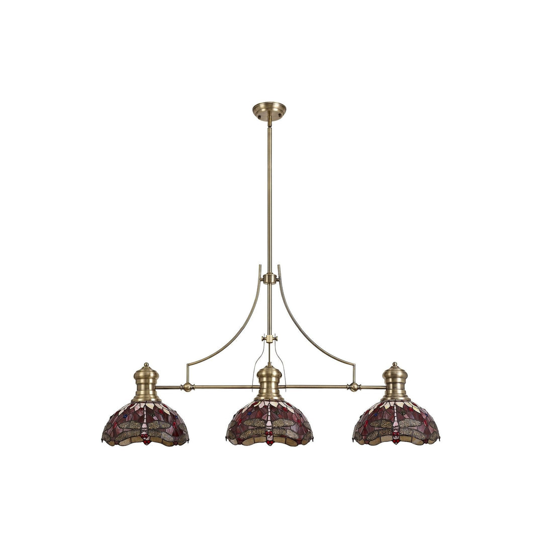 Nelson Lighting NLK04779 Louis/Heidi 3 Light Telescopic Pendant 30cm Tiffany Shade Antique Brass/Purple/Pink