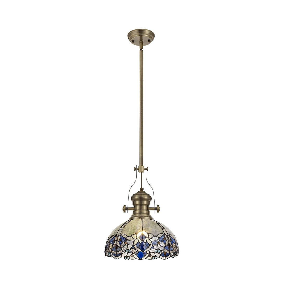 Nelson Lighting NLK04589 Louis/Ossie 1 Light Telescopic Pendant 30cm Tiffany Shade Antique Brass/Blue