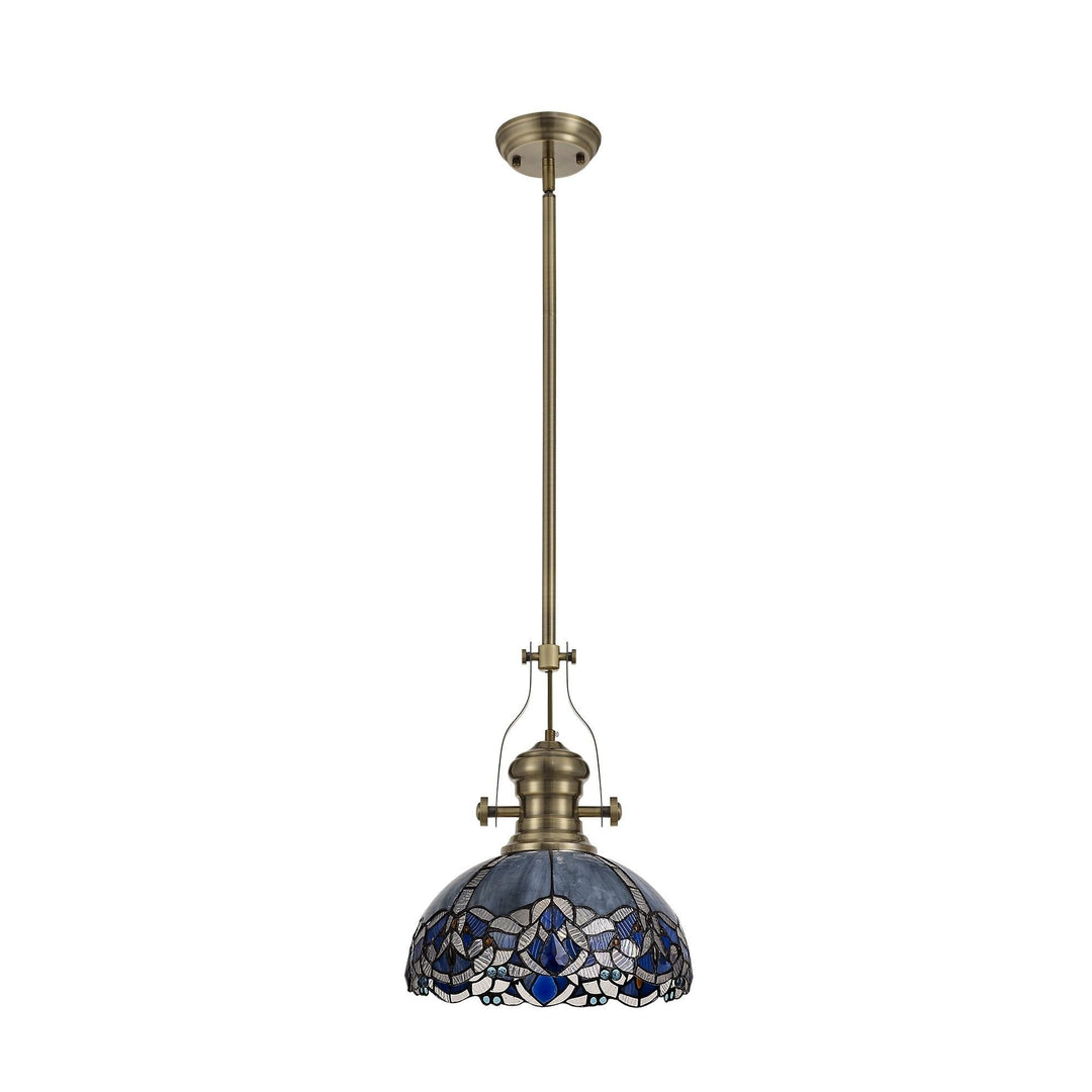 Nelson Lighting NLK04589 Louis/Ossie 1 Light Telescopic Pendant 30cm Tiffany Shade Antique Brass/Blue