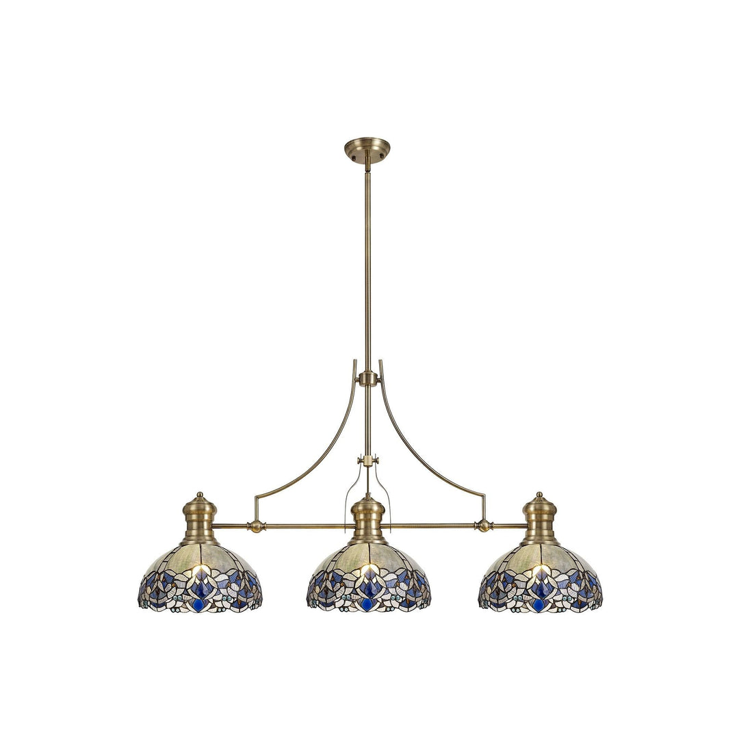 Nelson Lighting NLK04789 Louis/Ossie 3 Light Telescopic Pendant 30cm Tiffany Shade Antique Brass/Blue