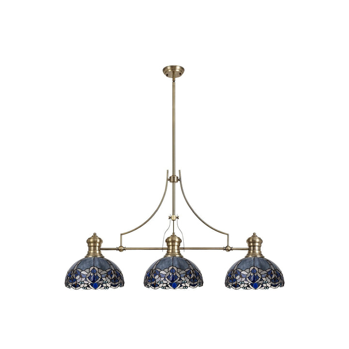 Nelson Lighting NLK04789 Louis/Ossie 3 Light Telescopic Pendant 30cm Tiffany Shade Antique Brass/Blue