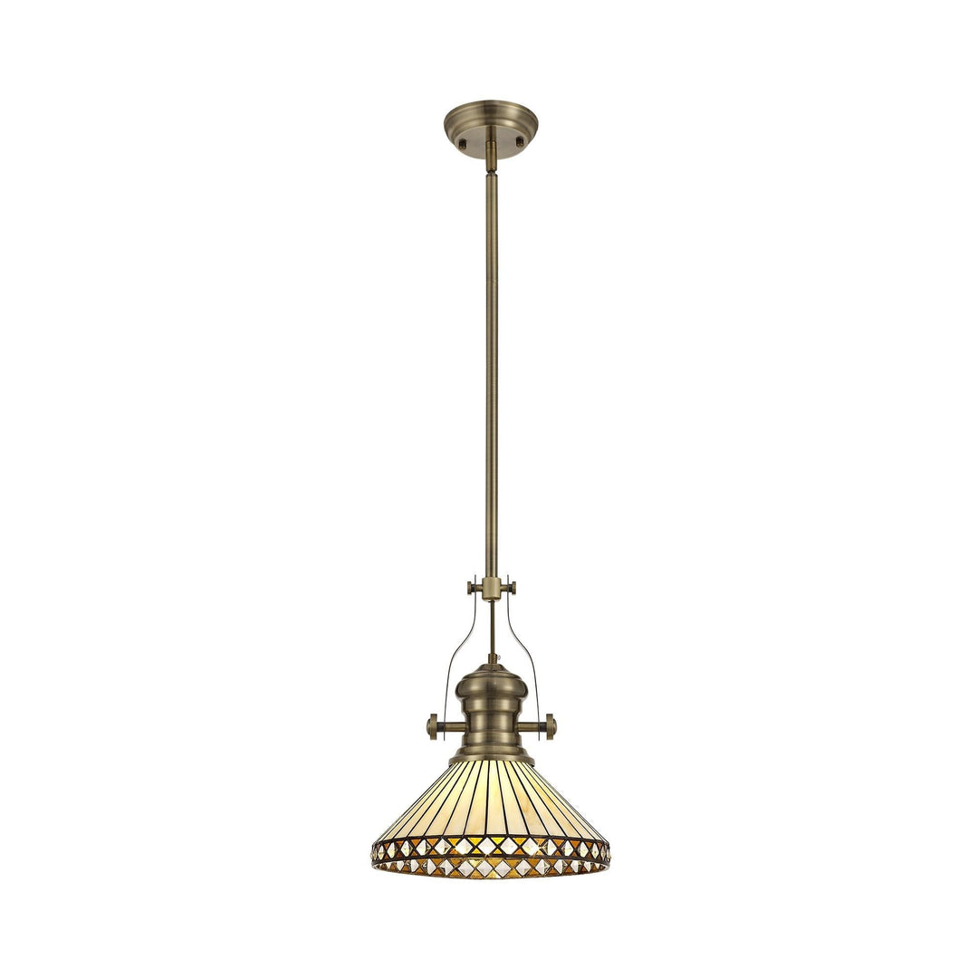 Nelson Lighting NLK04559 Louis/Tink 1 Light Telescopic Pendant 30cm Tiffany Shade Antique Brass/Amber/Chrome