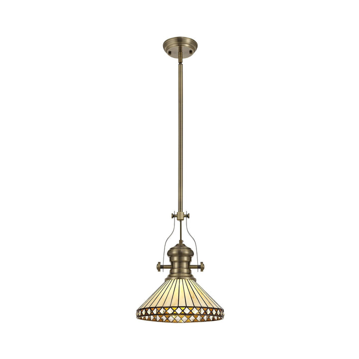 Nelson Lighting NLK04559 Louis/Tink 1 Light Telescopic Pendant 30cm Tiffany Shade Antique Brass/Amber/Chrome