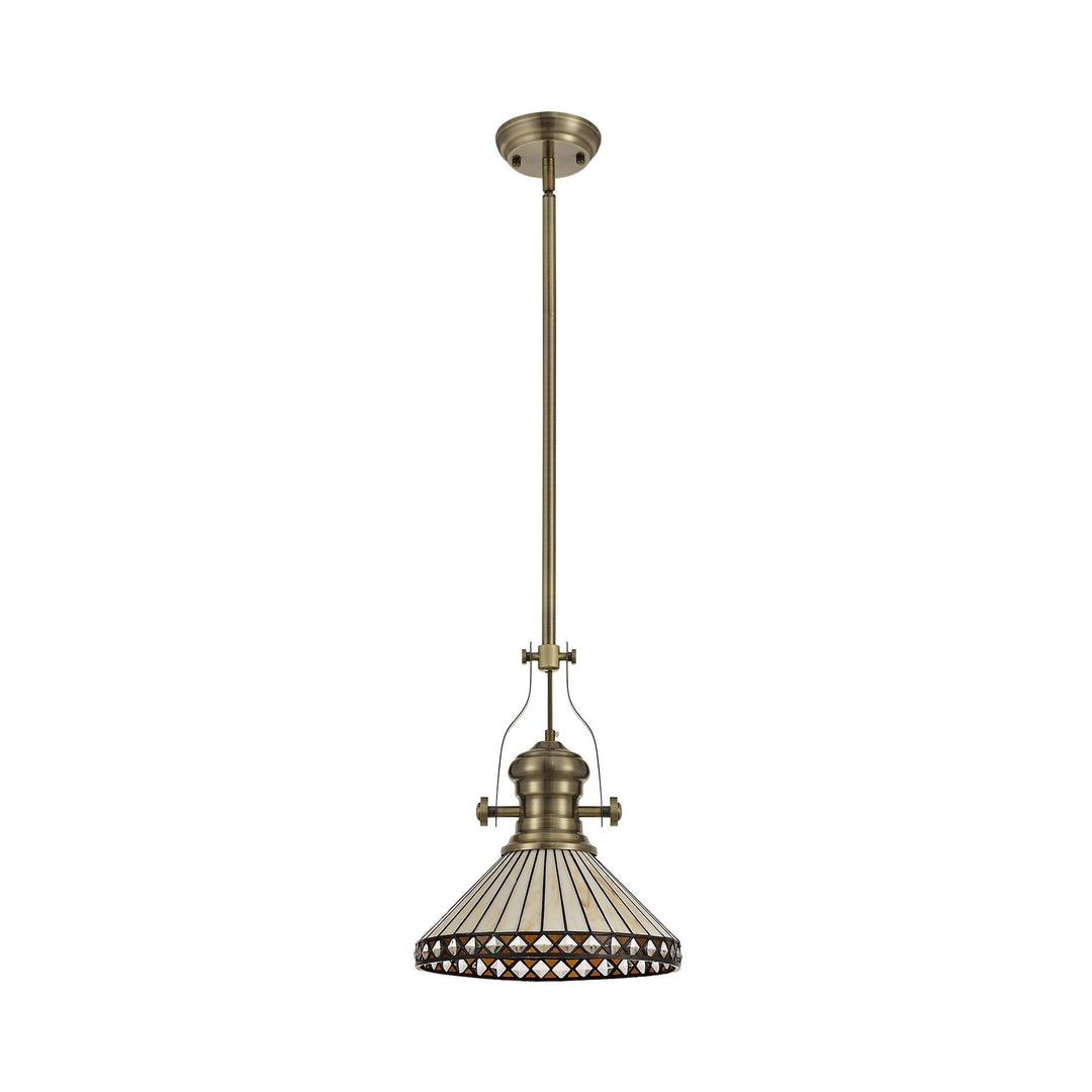 Nelson Lighting NLK04559 Louis/Tink 1 Light Telescopic Pendant 30cm Tiffany Shade Antique Brass/Amber/Chrome
