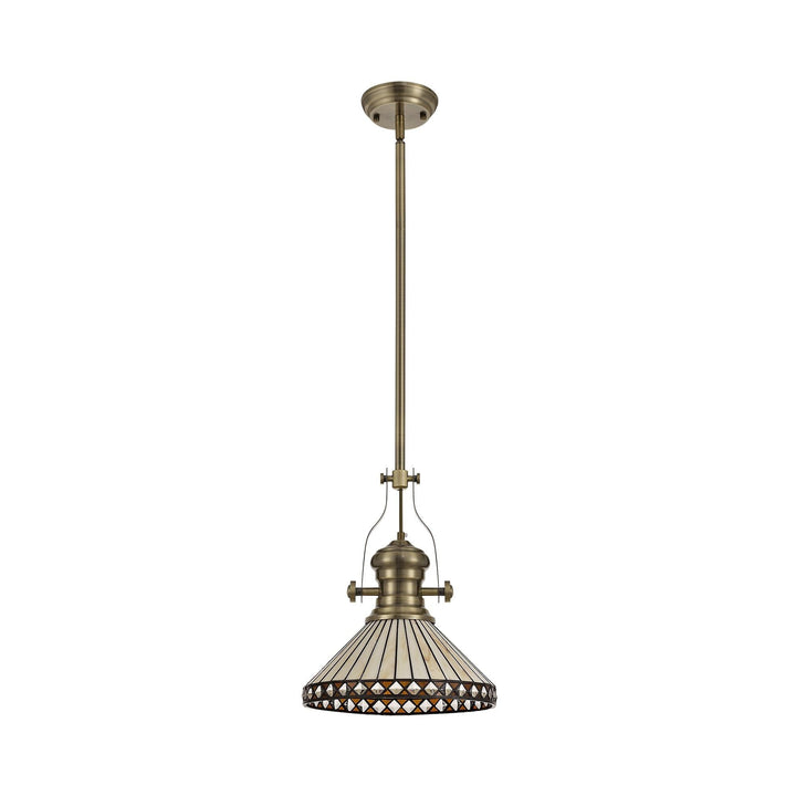 Nelson Lighting NLK04559 Louis/Tink 1 Light Telescopic Pendant 30cm Tiffany Shade Antique Brass/Amber/Chrome