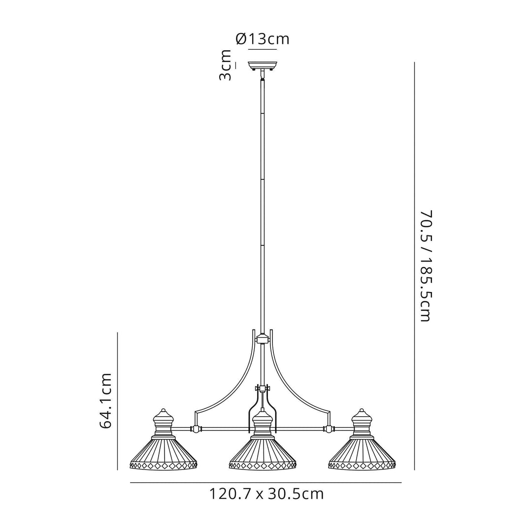 Nelson Lighting NLK04759 Louis/Tink 3 Light Telescopic Pendant 30cm Tiffany Shade Antique Brass/Amber/Chrome