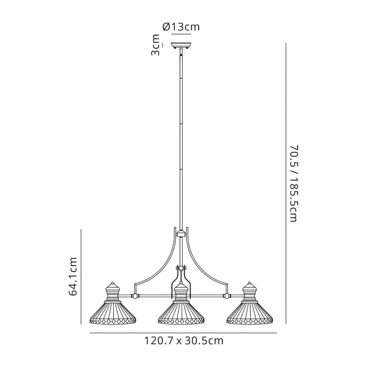 Nelson Lighting NLK04759 Louis/Tink 3 Light Telescopic Pendant 30cm Tiffany Shade Antique Brass/Amber/Chrome