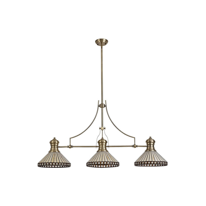 Nelson Lighting NLK04759 Louis/Tink 3 Light Telescopic Pendant 30cm Tiffany Shade Antique Brass/Amber/Chrome