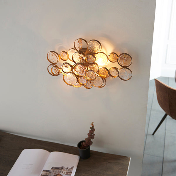 Endon 91990 2 Light Wall Light Antique Gold Paint, Clear & Amber Glass