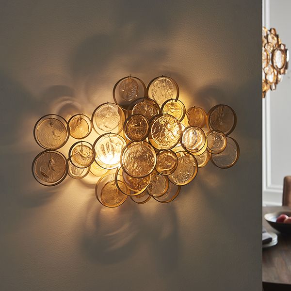 Endon 91990 2 Light Wall Light Antique Gold Paint, Clear & Amber Glass