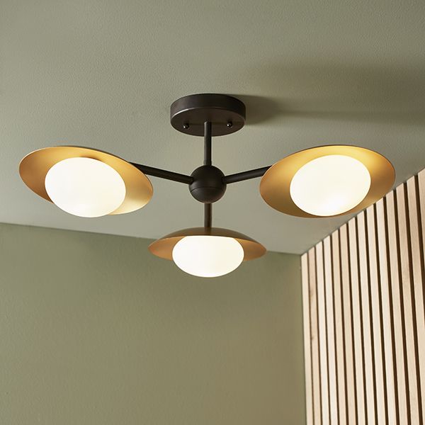 Endon 92034 3 Light Semi Flush Ceiling Light Gold & Dark Bronze Finish With Opal Glass